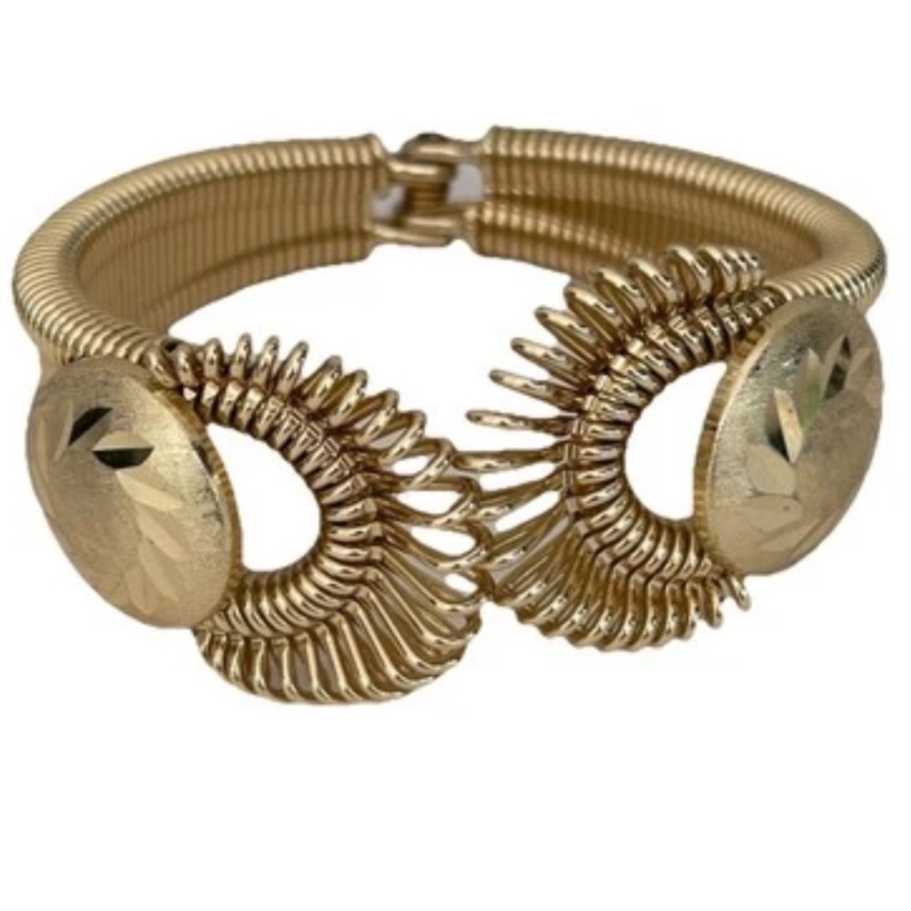 Vintage 60’s Marked Germany Hinged Clamper Bracelet Gold Tone Starburst Spiral